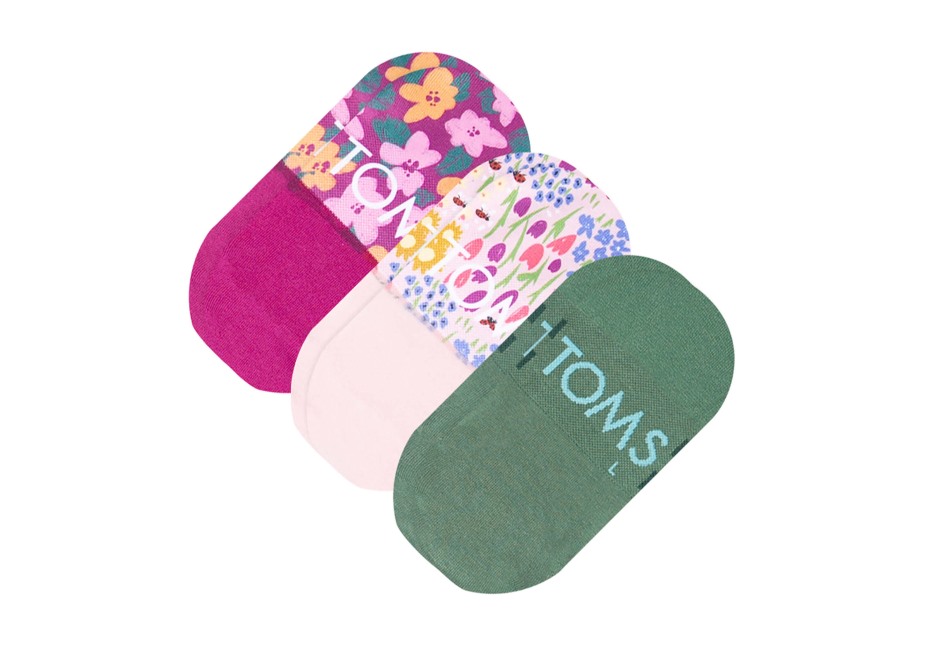 Toms Ultimate No Show çorap çiçek Tarlaları 3 Paket Yeşil çiçek Açar